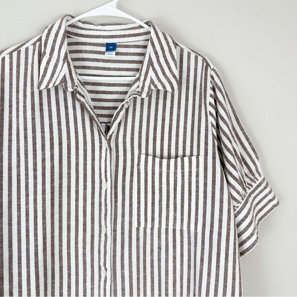 Old Navy Linen-Blend Shirt Dress Plus 2X Sand Stripe Short Sleeve Button Front - Picture 4 of 9